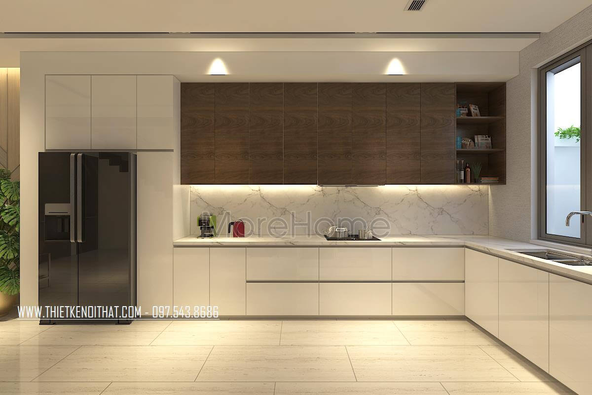 Mẫu tủ bếp chữ L gỗ công nghiệp sơn trắng đẹp hiện đại cho nhà phốbiệt thự Tủ bếp chữ L