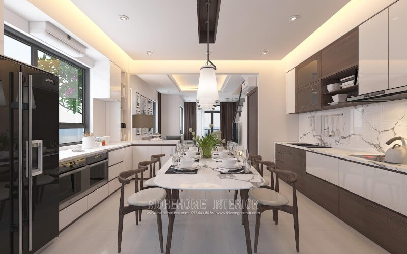 Thiết kế tủ bếp âm tường vô cùng ấn tượng, lạ mắt, tủ bếp kiểu dáng chữ i kết hợp chữ L được đặt đối diện song song với nhau tạo sự thuận tiện cho gia chủ trong quá trình di chuyển nấu nướng Tủ bếp chữ L