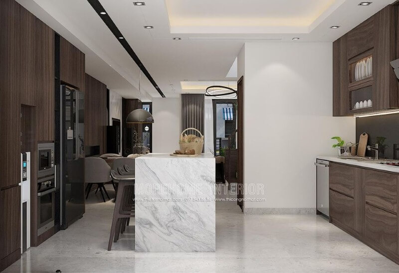 Tủ bếp gỗ đặc biệt vân gỗ óc chó là một trong những xu hướng thiết kế nội thất ấn tượng nhất hiện nay. Thiết kế tủ bếp biệt thự sang trọng