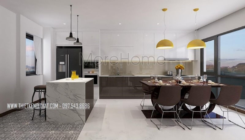 Tủ bếp đảo acrylic hiện đại lồng được bố trí khá đặc biệt với đảo bếp thiết kế theo cạnh chữ L với tủ bếp và nhường chỗ cho bộ bàn ghế ăn vừa tạo nên sự tiện nghi vừa mang lại không gian hài hòa, đẹp mắt, sang trọng. Thiết kế tủ bếp biệt thự sang trọng