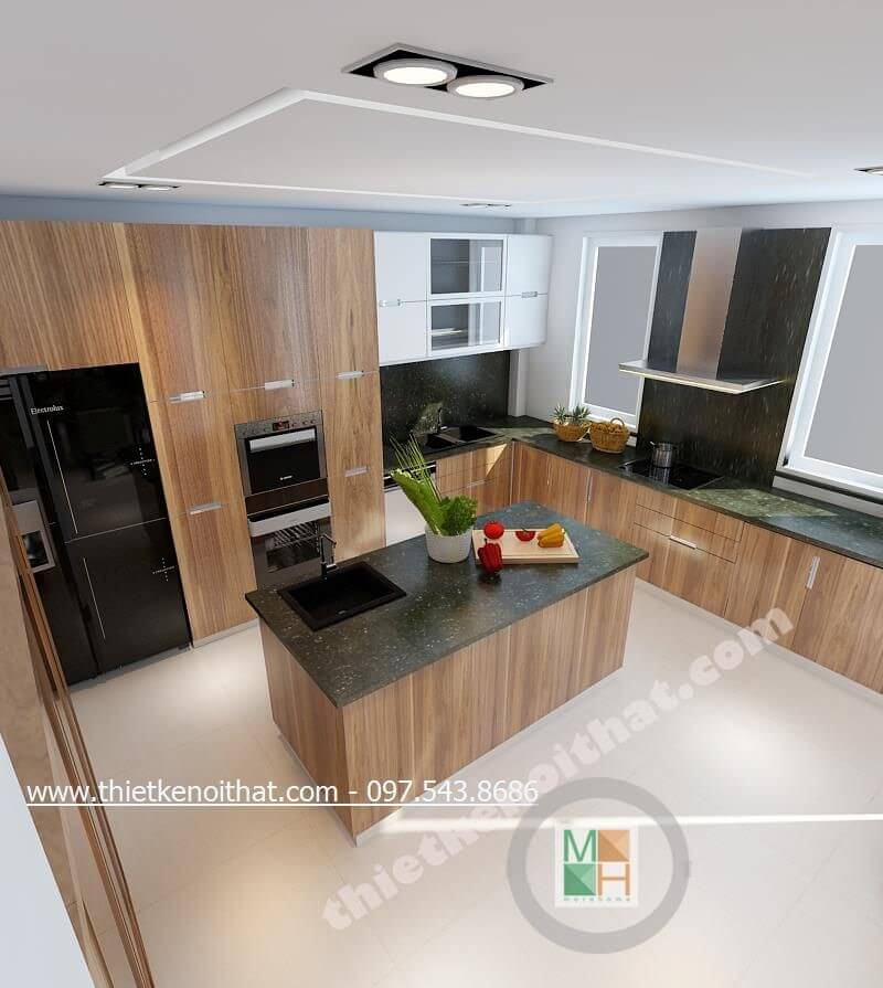 Mẫu tủ bếp chữ L gỗ công nghiệp kết hợp đá ốp bàn bếp màu đen cao cấp, đẹp hiện đại Tủ bếp hiện đại, tủ bếp chữ u, tủ bếp chữ i, tủ bếp chữ l
