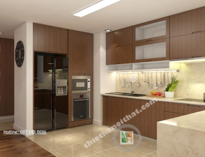 Tủ bếp đẹp kết hợp tủ bát và kệ gia vị đem đến một phòng bếp đầy đủ công năng Tủ bếp hiện đại đẹp