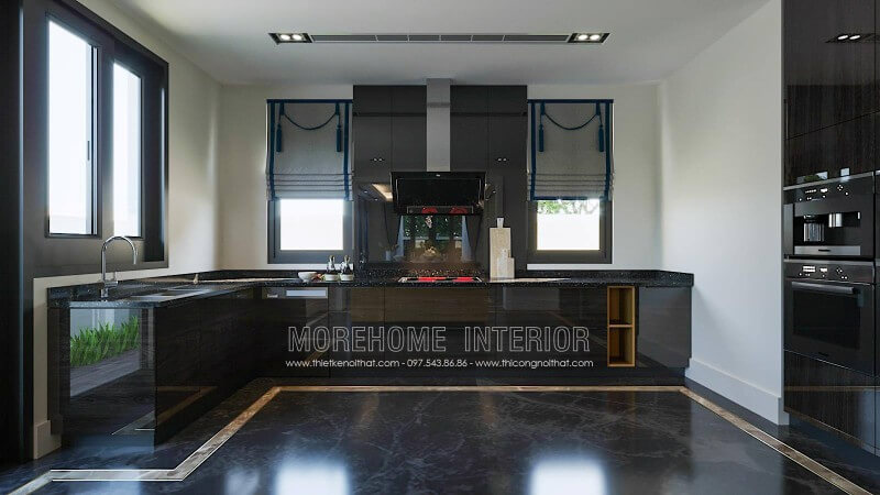 Mẫu tủ bếp biệt thự này được phân chia thành hai phần công năng tách biệt đó là: phần khu vực đặt bếp điện từ (khu vực nóng) và khu vực bồn chậu rửa chế biến thực phẩm. Tủ bếp hiện đại, tủ bếp chữ u, tủ bếp chữ i, tủ bếp chữ l