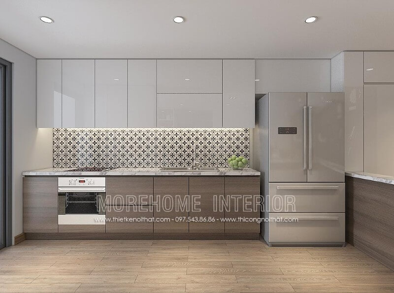 Tủ bếp gỗ chữ i đầy ấn tượng, khu vực sơ chế thực phẩm và bếp nấu được bố trí hợp lí tạo thuận tiện cho gia chủ trong quá trình nấu nướng Tủ bếp hiện đại, tủ bếp chữ u, tủ bếp chữ i, tủ bếp chữ l