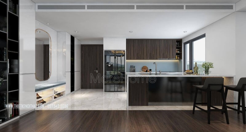 Liên thông với không gian phòng khách là không gian phòng bếp thiết kế ấn tượng Thiết kế chung cư