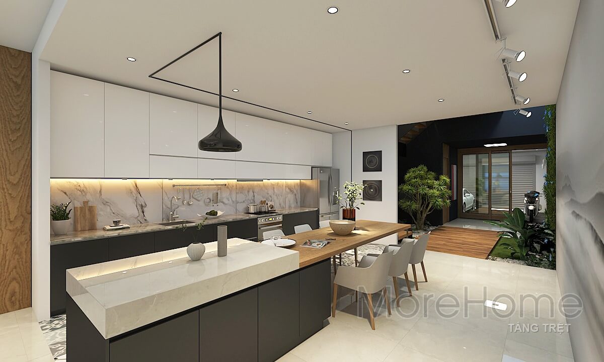 Trang trí phòng ăn với hệ thống treo dán tường và đèn cho không gian thêm sinh động Thiết kế phòng bếp, tủ bếp gỗ An Cường