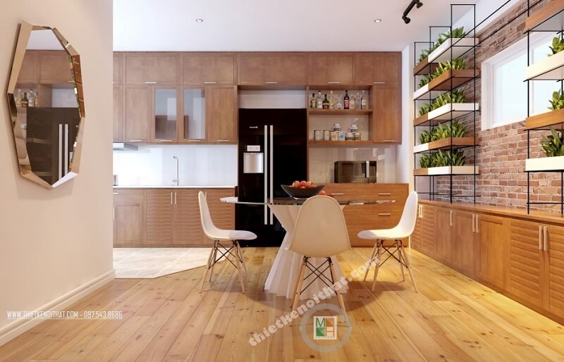 Mẫu thiết kế phòng ăn chung cư đẹp với bộ bàn ăn đơn giản nhỏ gọn kết hợp hệ tủ bếp gỗ công nghiệp cao cấp mang đến không gian phòng ăn lí tưởng Thiết kế phòng bếp, tủ bếp gỗ An Cường