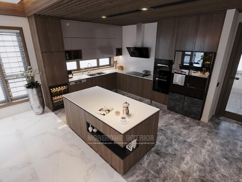 Mẫu tủ bếp gỗ công nghiệp An Cường với thiết kế đa năng hiện đại, tông màu trắng nâu là điểm nhấn nổi bật cho không gian ấm cúng của gia đình Thiết kế phòng bếp, tủ bếp gỗ An Cường