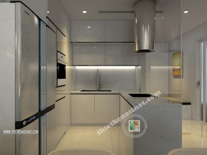 Mẫu thiết kế nội thất phòng bếp đẹp với hệ tủ bếp acrylic màu trắng kết hợp bàn đảo ốp đá nhân tạo cao cấp mang đến không gian sang trọng và đẳng cấp Thiết kế phòng bếp, tủ bếp gỗ An Cường