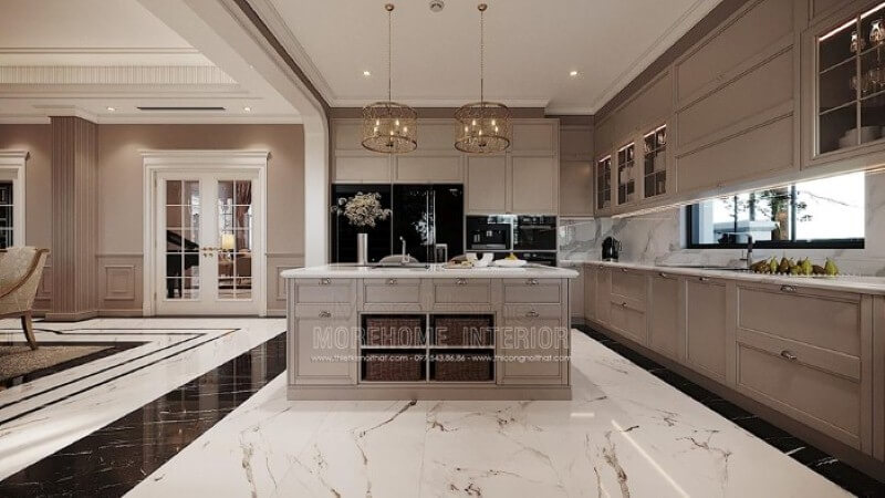 Trang trí nội thất phòng bếp sang trọng ấn tượng với bộ tủ bếp tân cổ điển cao cấp, quý phái. Thiết kế phòng bếp, tủ bếp gỗ An Cường