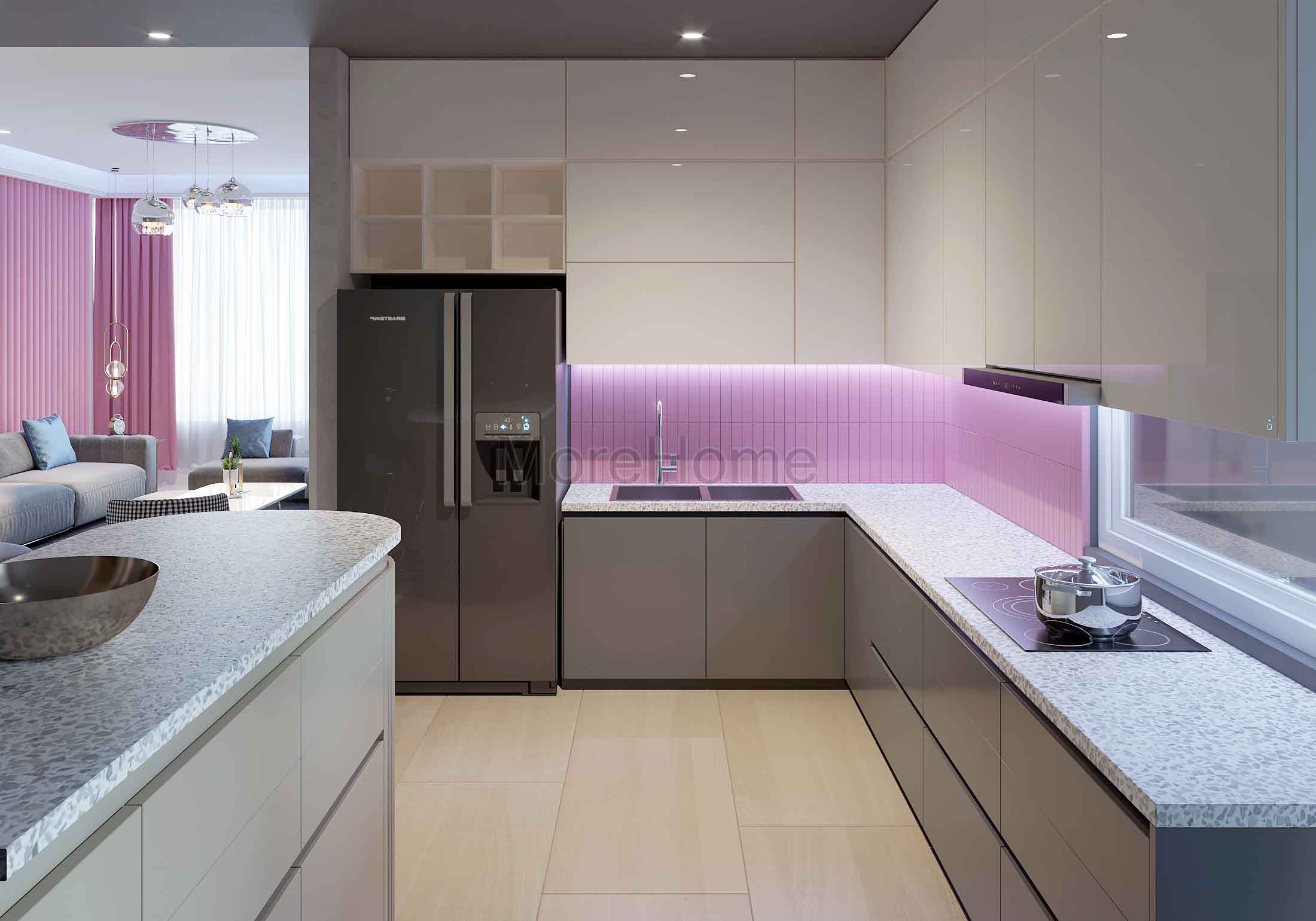 Mẫu tủ bếp gỗ chữ L màu trắng hiện đại, tiện nghi cho người nội trợ Thiết kế phòng bếp, tủ bếp gỗ An Cường