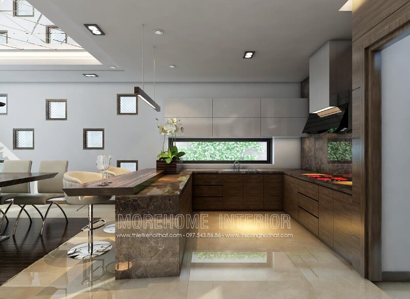 Tủ bếp hiện đại đẹp kiểu dáng chữ U mang lại cho gia chủ một không gian nấu nướng lí tưởng hơn cả, thường được nhiều khách hàng tìm kiếm và lựa chọn cho nhà bếp của mình Tủ bếp đẹp