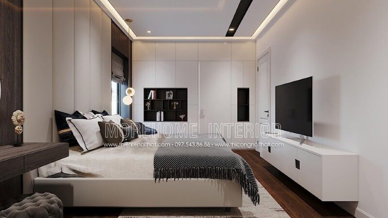 Sắp xếp phòng ngủ hiện đại ấn tượng với nội thất gỗ An Cường sơn trắng đẹp, sang trọng.