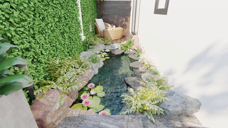 Bạn sở hữu căn biệt thự phố, bạn đang muốn tham khảo ý tưởng thiết kế tiểu cảnh bên hông nhà, Morehome xin giới thiệu mẫu thiết kế biệt thự với khuôn viên nhỏ để bạn ngồi đọc sách, tận hưởng cảm giác thanh mát từ làn nước trong lành cùng sức sống tuyệt vời từ những bông sen đang vươn mình, chạm vào những phiến lá xanh mềm mại.