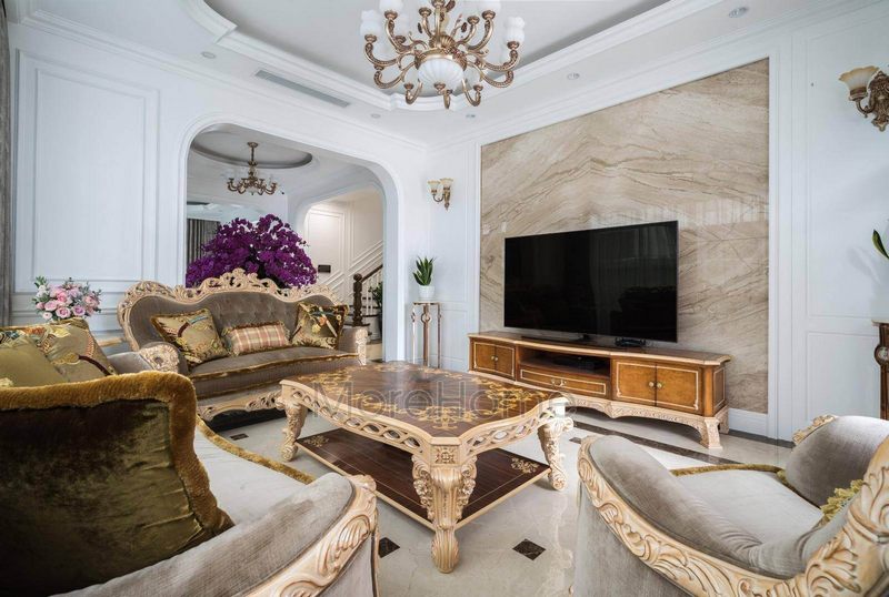 Kệ tivi gỗ tự nhiên tân cổ điển cho phòng khách biệt thự Imperia Hải Phòng