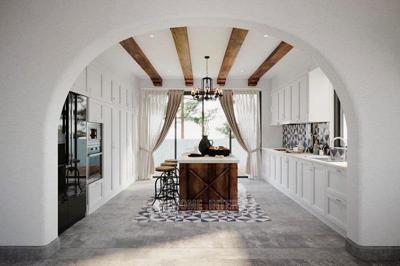 Phía bên phải mẫu thiết kế là phần tủ bếp gỗ tự nhiên hiện đại được thiết kế bố trí thành khu vực chế biến đồ ăn và khu vực sơ chế, cộng với đó là hệ tủ để chén bát, dụng cụ nấu nướng...