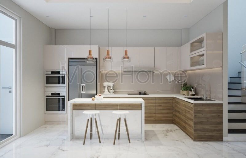 Thiết kế phòng bếp hiện đại với nội thất gỗ công nghiệp đẹp độc đáo trong không gian ấm cúng của gia đình