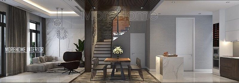 Phối cảnh bố trí hiện đại đẹp cho biệt thự nhà phố với ý tưởng thiết kế phòng khách liền bếp ăn.