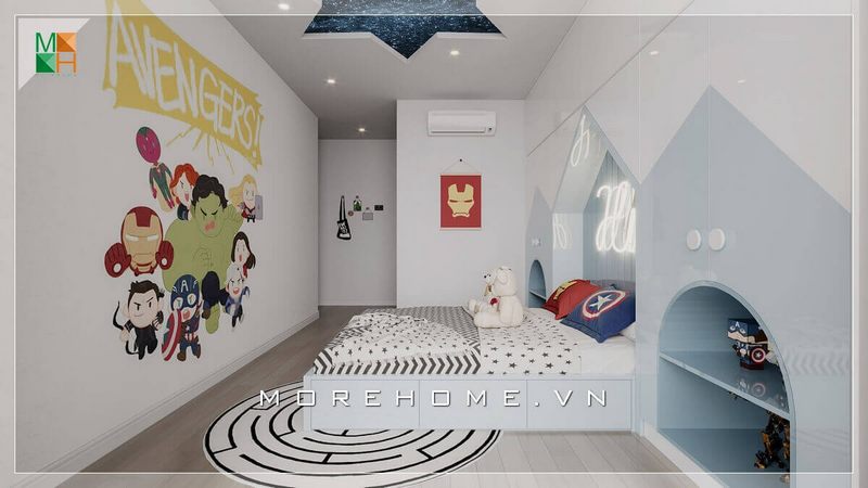 Thiết kế phòng ngủ tone màu trắng rất tinh tế với chiếc giường ngủ hiện đại màu trắng làm tăng độ sang trọng cho căn phòng của bé trai.