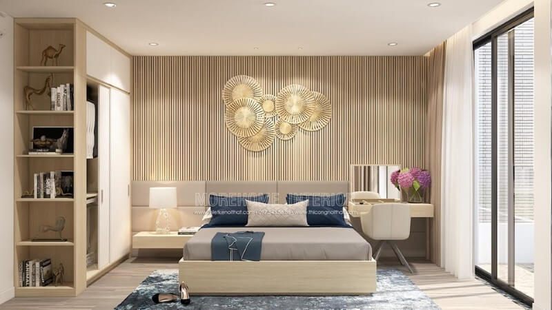 Mẫu Giường ngủ có tap gỗ công nghiệp hiện đại cho không gian phòng ngủ nhà phốchung cư