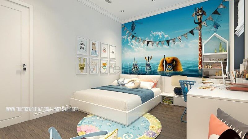 Mẫu giường ngủ gỗ bệt cho phòng ngủ bé trai đơn giản, hiện đại