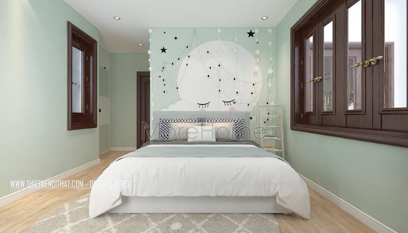 Giường ngủ hộp hiện đại với gam màu trắng nhẹ nhàng kết hợp với đồ decor trang trí khác như: tranh dán tường, thảm trải sàn, đèn ngôi sao... chắc chắn sẽ mang lại sự thích thú cho con bạn