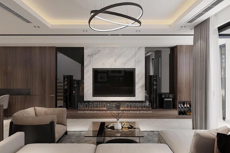 Đá ốp phòng khách trắng vân mây đẹp sang trọng lựa chọn ấn tượng cho phòng khách hiện đại.