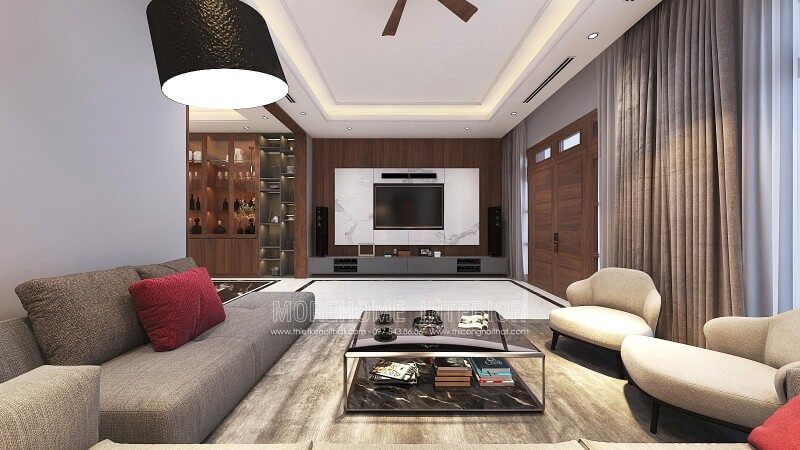 Trang trí tường phòng khách đẹp với điểm nhấn từ đá trắng vân mây kết hợp cùng gỗ ốp tường cao cấp.