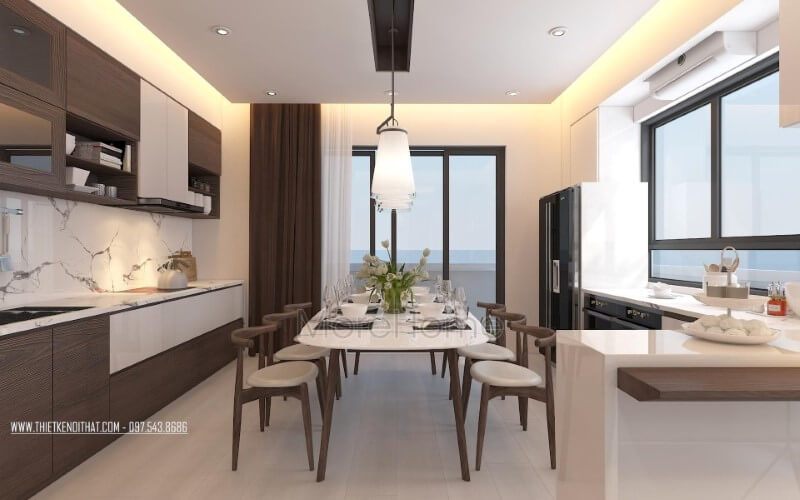 Thiết kế phòng ăn lồng trong phòng bếp vừa tạo không gian hiện đại gọn gàng vừa tiện nghi, sang trọng cho biệt thự, nhà phố.
