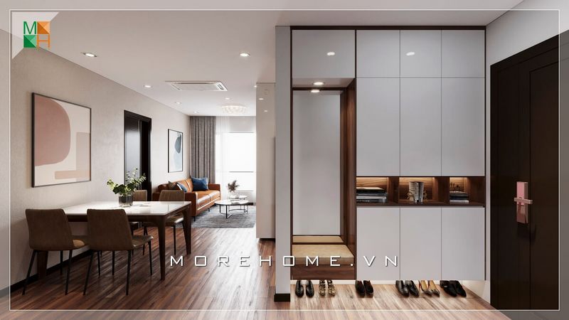 Bộ bàn ăn hiện đại 4 ghế đặt liền phòng khách, tất cả tạo nên một thể thống nhất liền mạch ăn ý và tiện lợi.