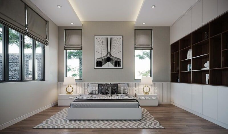 Thiết kế phòng ngủ với hệ cửa số nhiều, rộng giúp phòng ngủ hiện đại trở nên thông thoáng hơn.