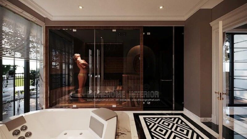 Phòng tắm kính cường lực đẹp, sang trọng với thiết kế hiện đại, mở ấn tượng.