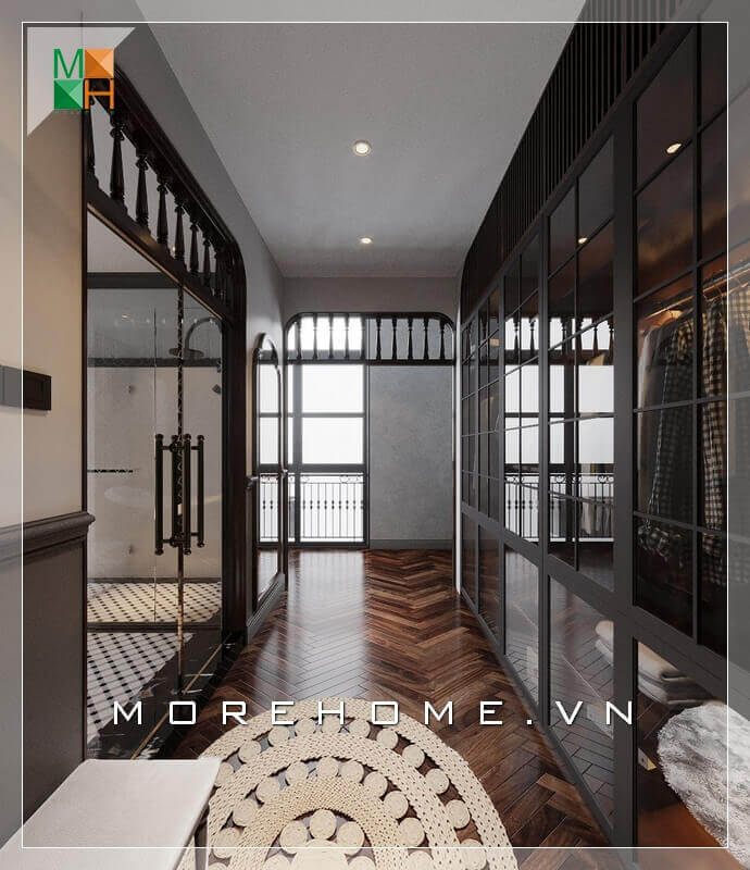 Một thiết kế nội thất hiện đại rất ấn tượng và độc đáo với cách bố trí tủ quần áo đối diện với không gian phòng tắm, bố trí 2 bên ở giữa là lối đi rất tiện nghi và hữu ích.