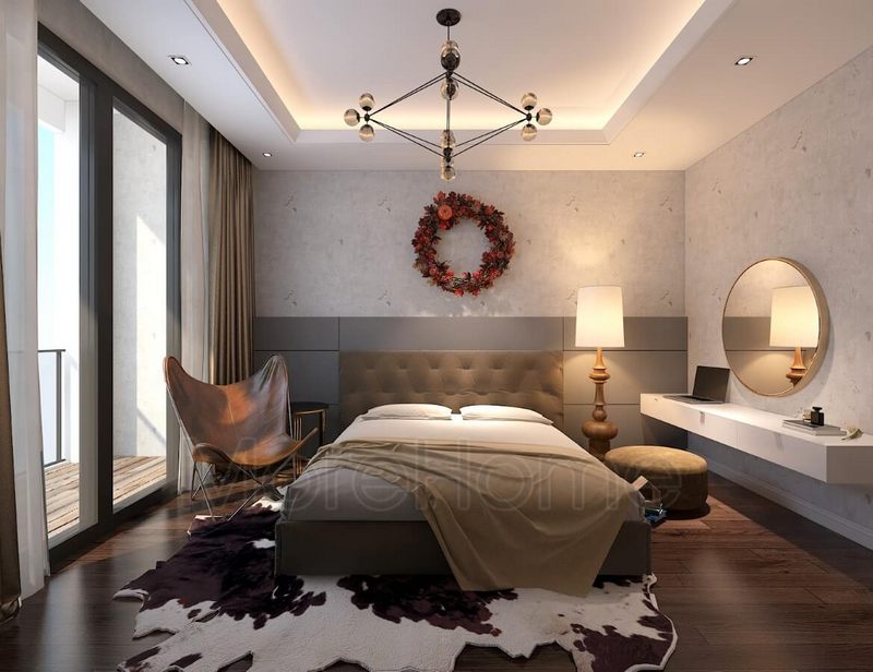 Mẫu gương tròn hiện đại và tiện nghi được sử dụng trong phòng ngủ.