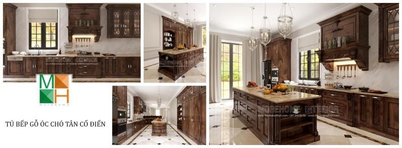 Mẫu tủ bếp gỗ óc chó có thể được sử dụng trong nhiều phong cách, nhưng nổi bật nhất vẫn là kiểu tân cổ điển. Nó có màu sắc sang trọng, vân gỗ đặc trưng, làm nên điểm nhấn quan trọng trong không gian sống.